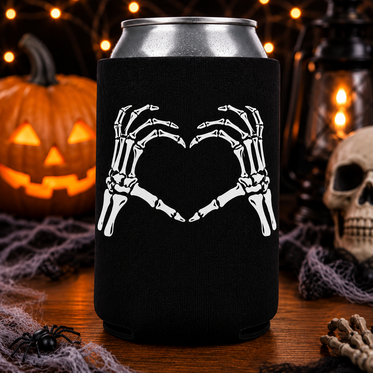 Skeleton Heart Hands Halloween Koozie