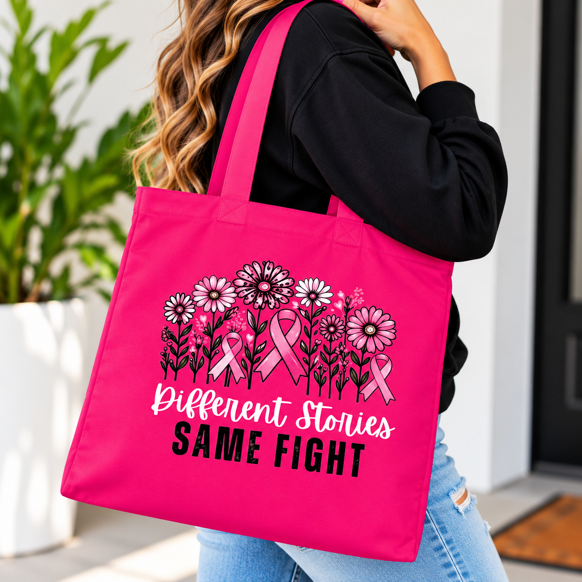 Different Stories Same Fight Breast Cancer Awareness Tote Bag