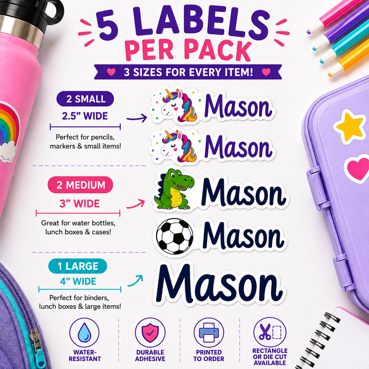 Custom Name Labels for Water Bottles, Lunch Boxes & School Supplies