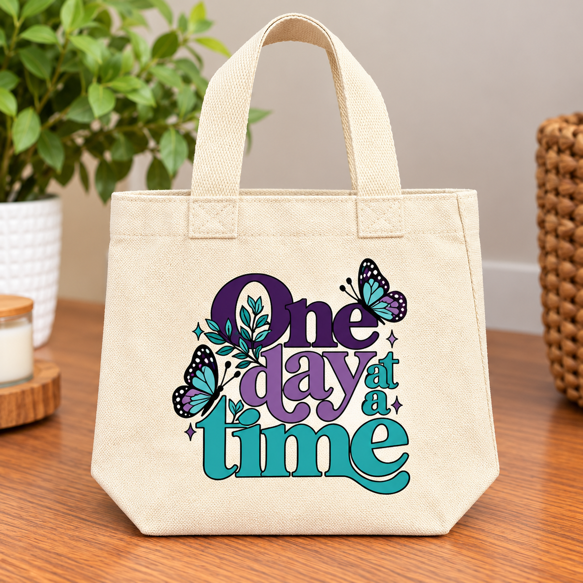 One Day at a Time Inspirational Canvas Tote Bag