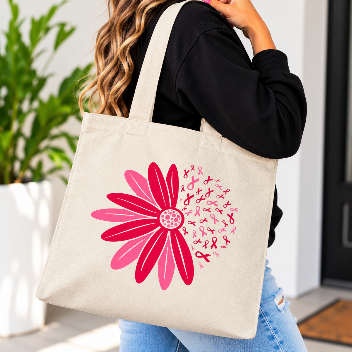 Pink Daisy Breast Cancer Awareness Tote Bag
