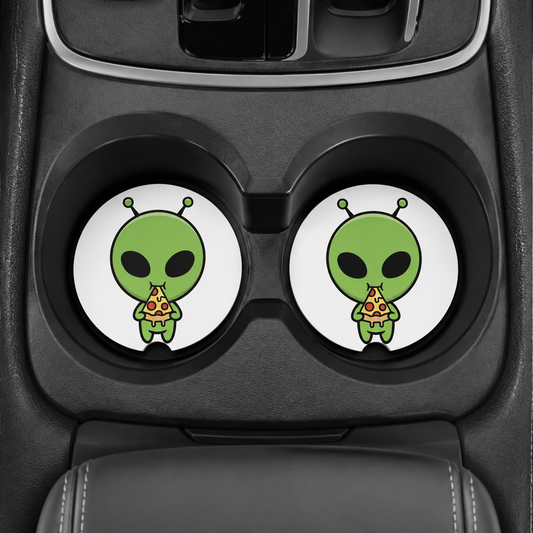 Alien Eating Pizza Car Coasters | Set of 2