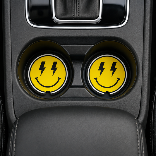 Lightning Bolt Smiley Car Coasters | Set of 2