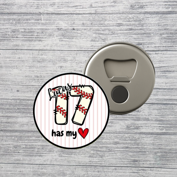 Baseball Number Has My Heart Bottle Opener Magnet Custom Personalized