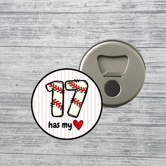 Baseball Number Has My Heart Bottle Opener Magnet Custom Personalized