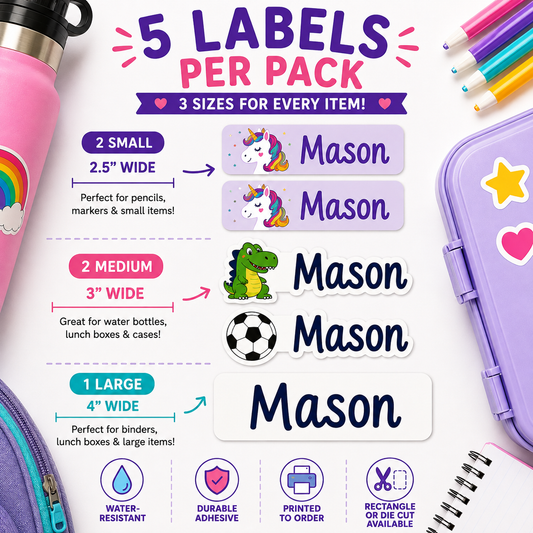 Custom Name Labels for Water Bottles, Lunch Boxes & School Supplies
