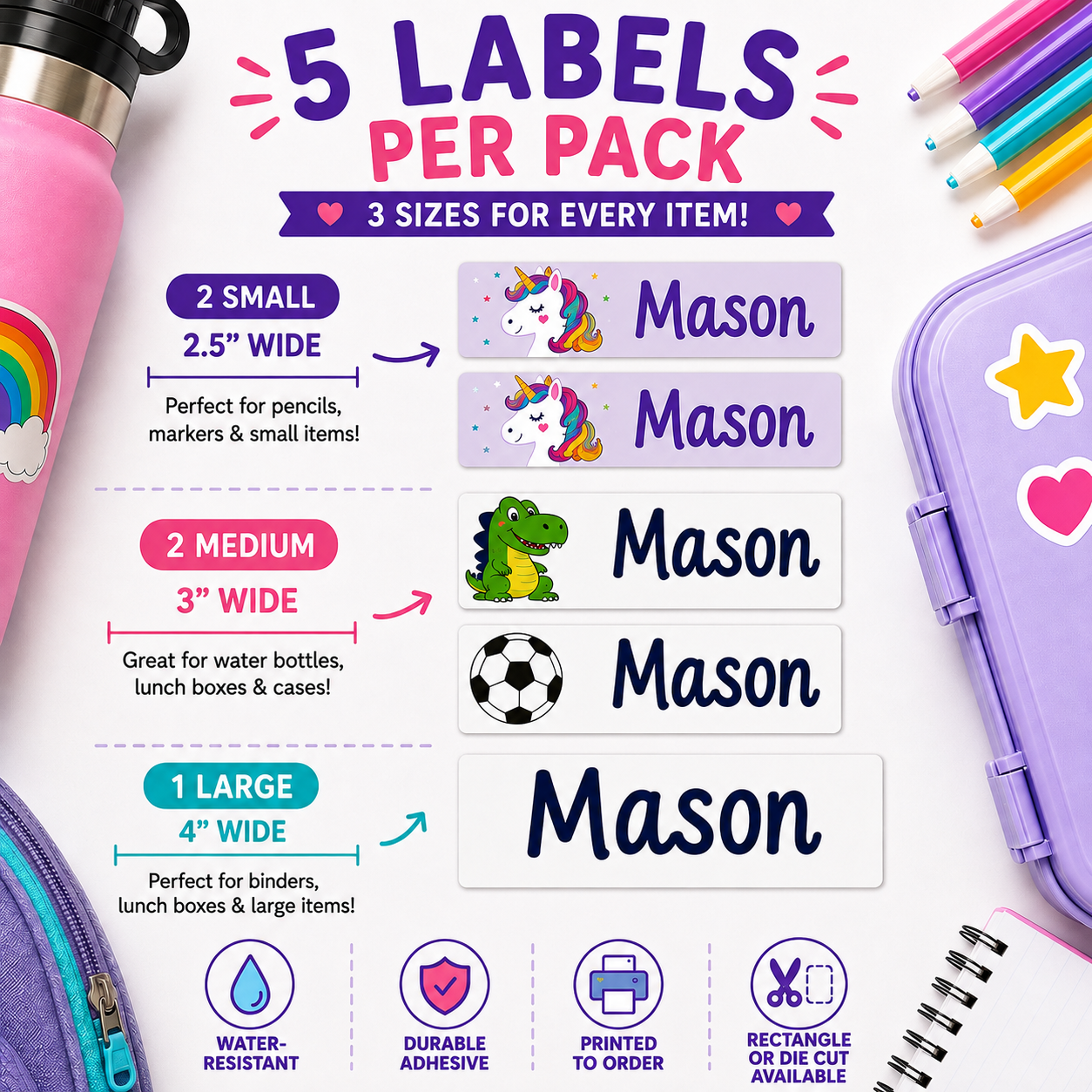 Custom Name Labels for Water Bottles, Lunch Boxes & School Supplies